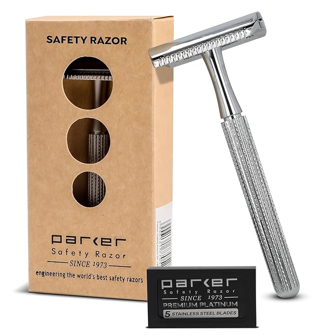 Parker 78R Double Edge Safety Razor with 5 Safety Razor Blades Women &amp Men’s Safety Shaving Razor Reusable Razor Plastic Free – CHROME