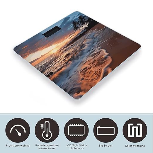 Beach Maui Hawaii Sunset Sea Waves Clouds Scale for Body Weight Safe Rounded Corners Tempered Glass Digital Bathroom Scale LED Display 400lb Capacity Weight Scales with High Precision Sensors
