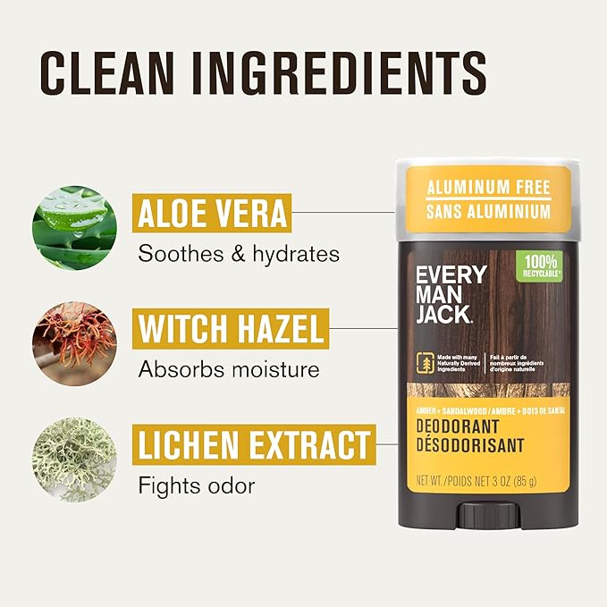 Every Man Jack Amber + Sandalwood Men’s Deodorant - Stay Fresh with Aluminum Free Deodorant For all Skin Types - Odor Crushing Long Lasting with Naturally Derived Ingredients - 3oz (3-Pack)