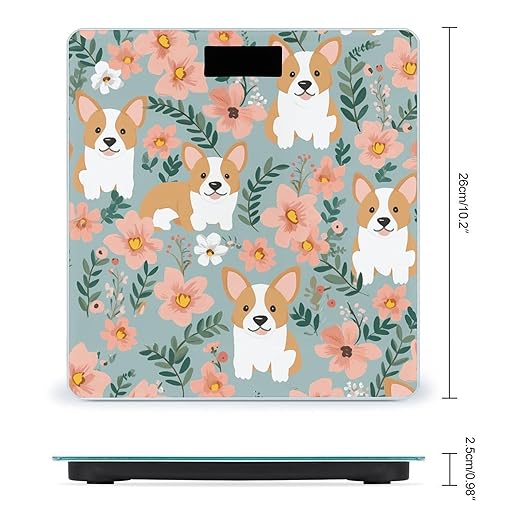 Corgi Floral Flowers Spring Garden Scale for Body Weight Sturdy Tempered Glass Weighing Scales with LCD Display Accurate Digital Bathroom Scale Convenient Body Fat Smart Scales Easy Read