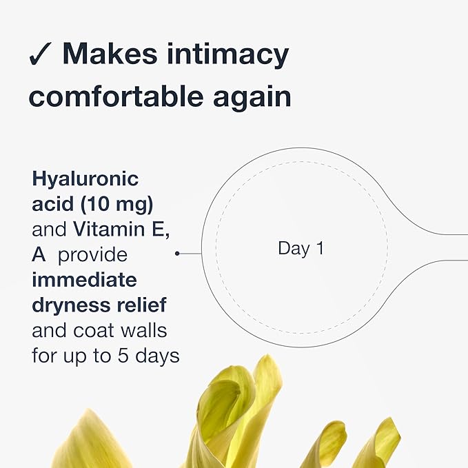 10 mg Hyaluronic Acid 10 inserts. Long lasting Feminine Moisturizer. Extra strenghts for dryness. With Vitamin A E Lactic Acid. Women-owned. Made in Italy
