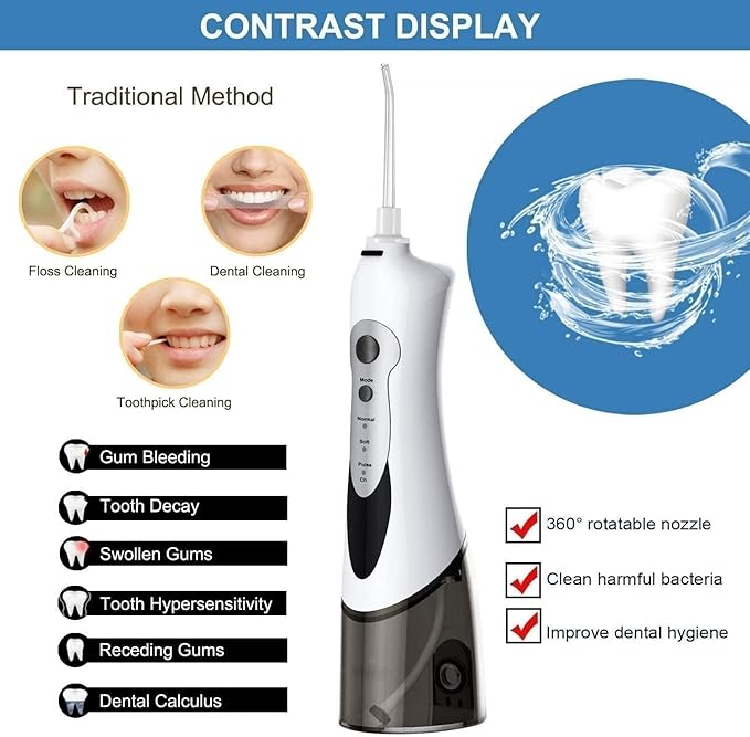 Water Flosser ML Cordless Dental Oral Irrigator 3 Modes and 4 Jet Tips IPX7 Waterproof with Travel Bag Rechargeable Waterproof Teeth Cleaner for Home and Travel