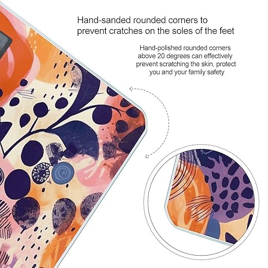 Hand Drawn Floral Pattern Scale for Body Weight Anti-Slip Tempered Glass Digital Bathroom Scales Clear LCD Display Weighing Scale Safe Rounded Corners Smart Scales