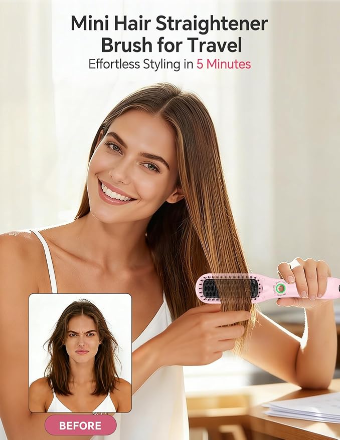 LANDOT Mini Hair Straightening Brush - Compact Ionic Straightening Brush for Frizz-Free Smooth Hair Lightweight Hot Comb &amp Travel-Friendly Flat Iron Blush