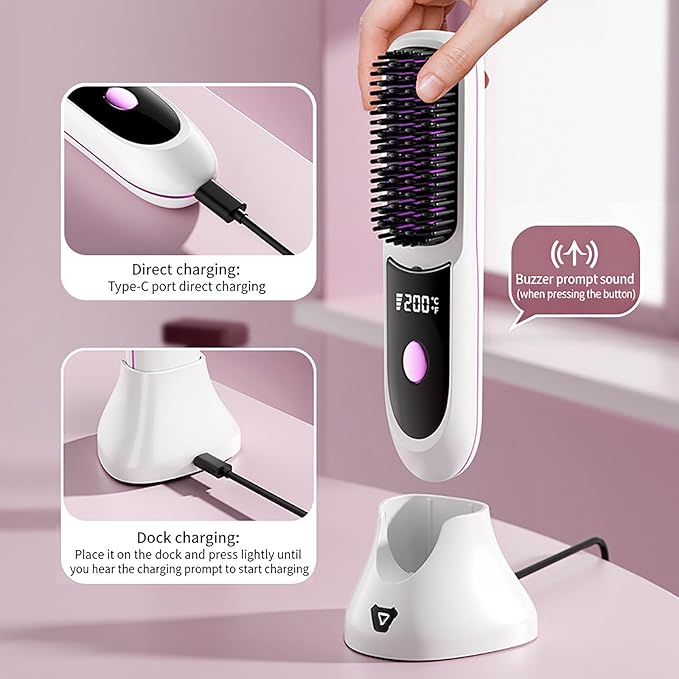 Straightener Brush with Temp Settings Portable Cordless Straightening Comb with Base Negative (02)