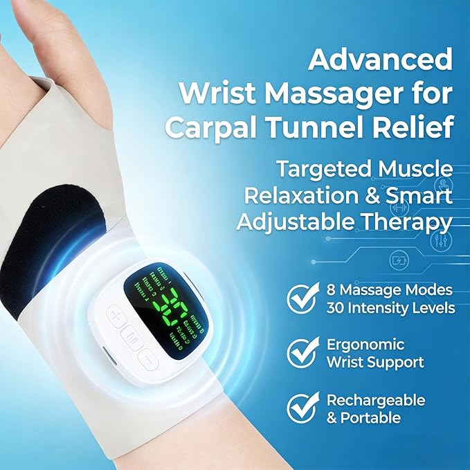 Wrist Massager for Carpal Tunnel Rechargeable Adjustable Electric Portable Cordless Hand Heating Pad with 8 Modes 30 Intensity Levels Detachable Magnetic Massage Unit for Hand Pain Relief(Navy blue)