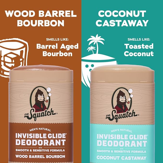 Dr. Squatch Invisible Glide Natural Men’s Deodorant – Smooth Glide No Stains – Aluminum Free Deodorant Men – Safe for Sensitive Skin – Wood Barrel Bourbon + Rainforest Rapids 2.65oz (2-Pack)
