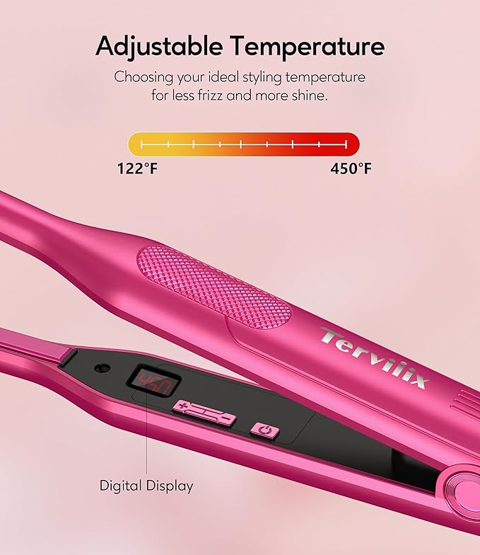 Terviiix Mini Flat Iron and Hair Straightener for Short Hair Edges and Pixie Cut - 3/10 Inch Skinny Pencil Straightener for Black Women's Baby Hair LCD Digital Display Dual Voltage Pink