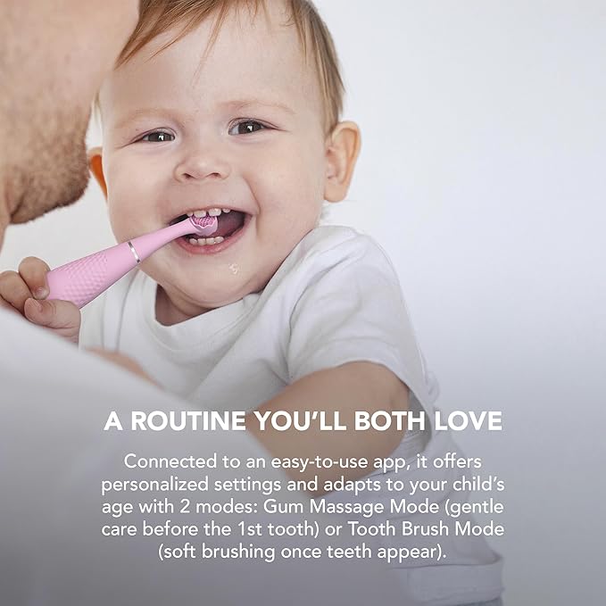 FOREO ISSA 4 Baby – Silicone Sonic Electric Toothbrush Bundle for Babies 2-Sided Bristles Fun Smile Feature Gum Massage 12 Months of Care with Extra Brush Head Travel-Friendly - Pearl Pink
