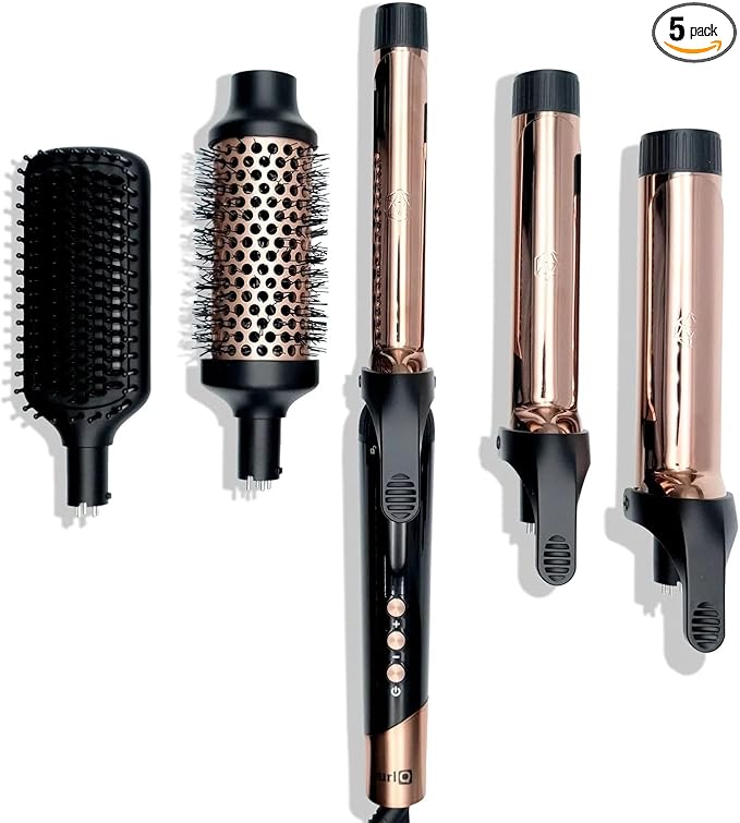 SRILabs CurlQ Extra Long Barrel 5-in-1 Curling Iron &amp Hair Styling Tool Set with Titanium Barrels Ceramic Paddle Brush Thermal Brush Fast Heat-Up &amp 12 Temperature Settings