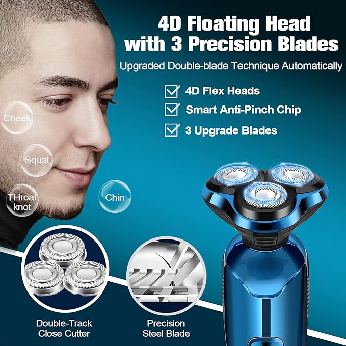 Electric Razor for Men 3-in-1 Shaver with Floating Blades for Nose Hair &ampSideburnsReplacement Blades Pop-up Trimmer IPX7 Waterproof Travel Lock Wet &amp Dry Use Face Shaving Grooming Trave