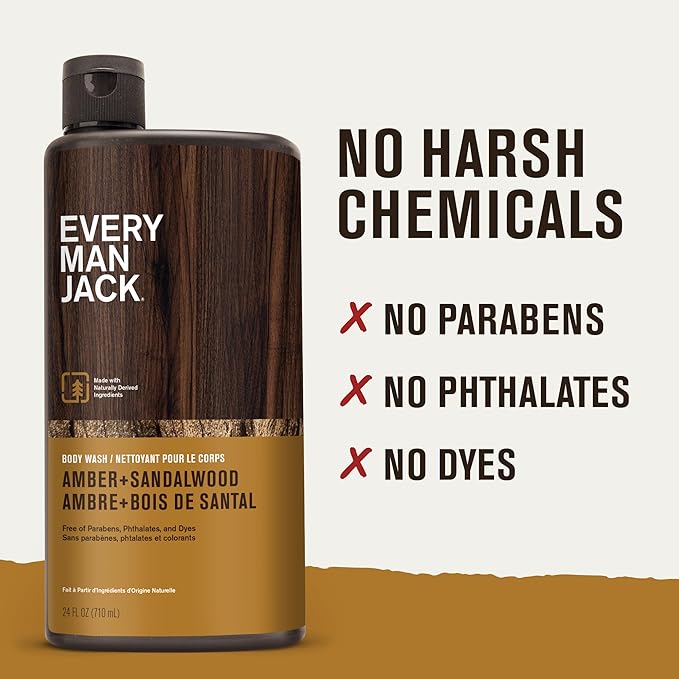 Every Man Jack Amber+Sandalwood Hydrating Mens Body Wash for All Skin Types-Cleanse Nourish and Hydrate Skin with Naturally Derived Ingredients-Paraben Free Phthalate Free Dye Free-24oz(Pack of 2)