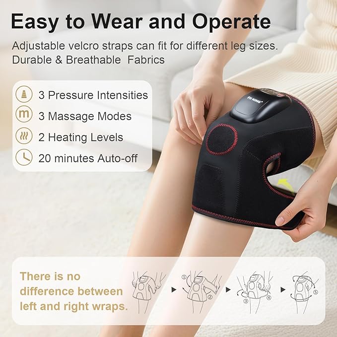 FIT KING Air Compression Knee Massager Heated Knee Brace Wrap with 3 Modes and 3 Intensities Shiatsu-Like Massage for Pain Relief Ideal Gifts for Men Women (Single)
