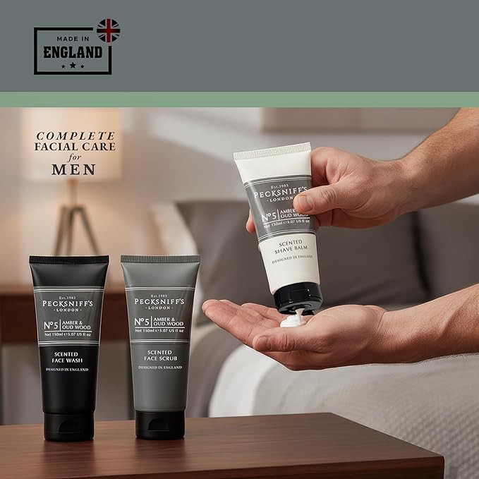 Pecksniff’s Men’s Trio Collection – Amber &amp Oud Wood – Face Wash Scrub &amp Shave Balm Gift Set 3 x 75ml