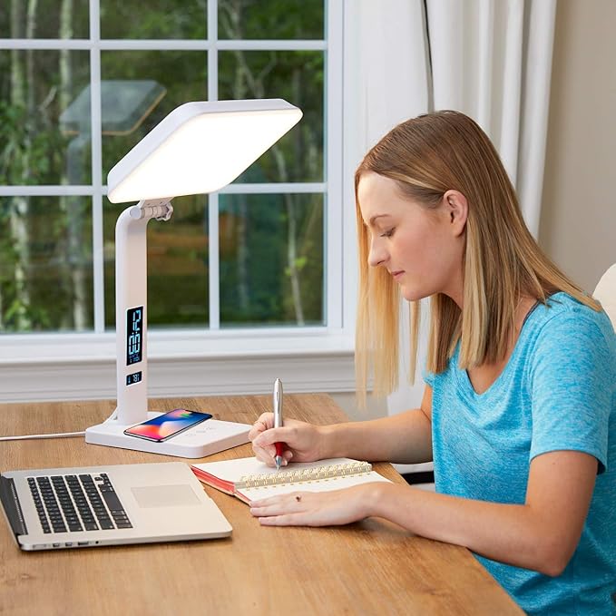 TheraLite Aura Qi Light Therapy Sun Lamp UV Free 10000 LUX Light Therapy Lamp Includes Alarm Clock Phone Charger USB Port White Light