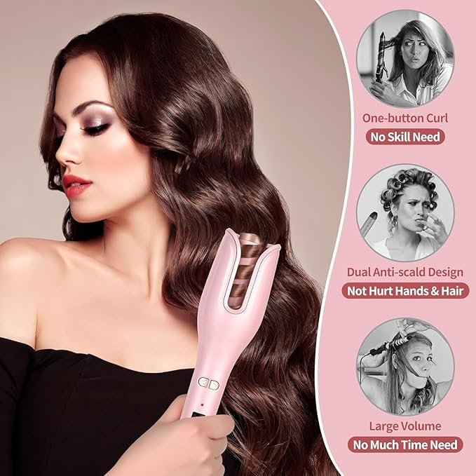 Hair Curler Automatic Rotating - Ceramic Curling Iron Automatic with 17 Temps &amp 3 Timer Settings &amp 1 Large Rotating Barrel Anti-Tangle/Scald (Pink)