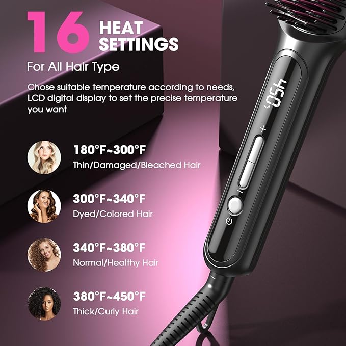 MiroPure Hair Straightener Brush with Plasma Technique Ceramic Straightening Brush with 16 Temp Settings 30s Fast Heating Hair Straightener Comb for Women with LED Display &amp Dual Voltage Black