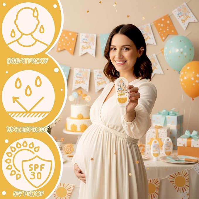 Leelosp 30 Pcs Here Comes The Son Baby Shower Mini Sunscreen with Carabiner Bulk Travel Size 1 Fl. Oz. SPF 30 Water Resistant Mini Lotion Boho Retro Baby Boy Shower Favors Birthday Party Supplies