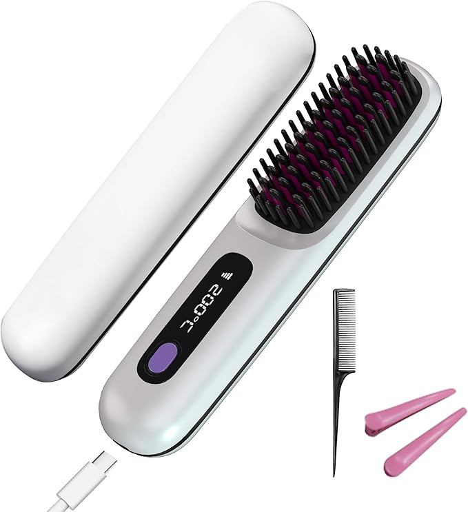 GERY Wireless Hair Straightener Brush Cordless Negative Ion 3 Temp Settings (160℃/180℃/200℃) MCH Fast Heating 4X Longer Battery LED Display Portable for Travel &amp Home (White)