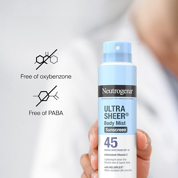 Neutrogena Ultra Sheer Sunscreen Spray SPF 45 Body Mist Lightweight Non-Greasy Broad Spectrum UVA/UVB Protection Oil-Free &amp Non-Comedogenic Water Resistant Spray Sunscreen (80 min) Pack of 3 5