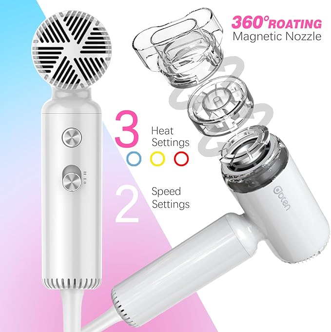 Mini Hair Dryer High-Speed Blow Dryer with 110000RPM Brushless Motor Magnetic Diffuser Negative Ionic Technology for Fast Drying Compact &amp Lightweight for Home &amp Travel (White)