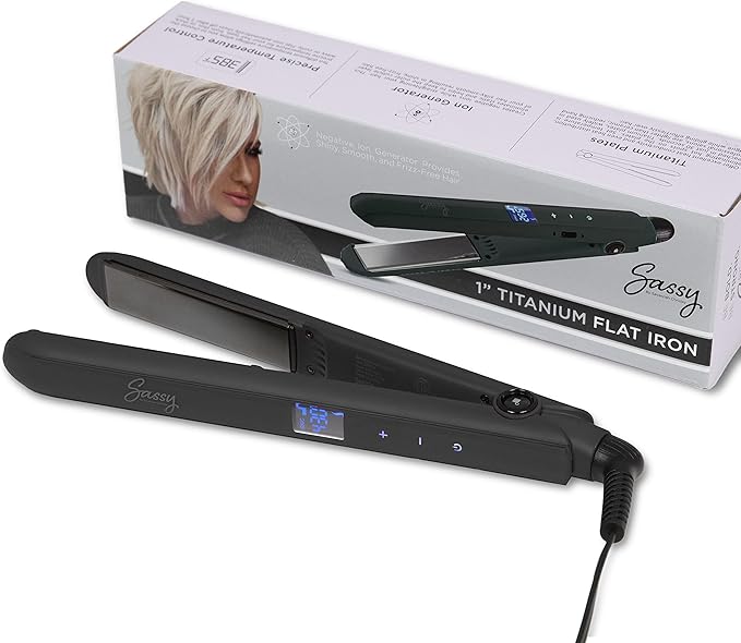 Sassy 1” Titanium Flat Iron Adjustable Heat Hair Straightener with Ion Generator Liquid Crystal Display with 10 Temperature Settings (Black)