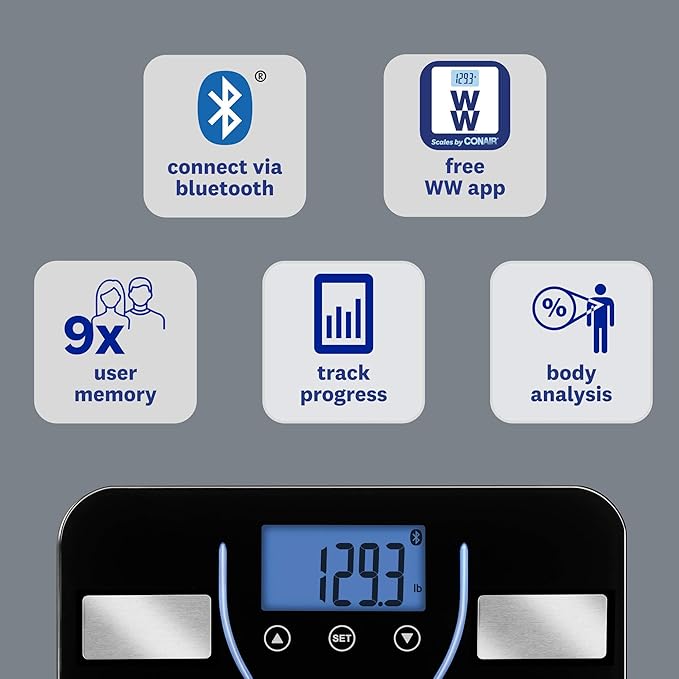 Weight Watchers Scales by Conair Bathroom Scale for Weight Glass Digital Scale Bluetooth Scale BMI Scales Digital Weight and Body Fat for up to 9 Users Measures Weight up to 400 Lbs Black