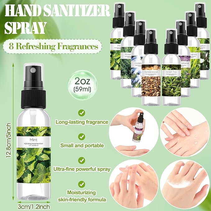 Frienda 24 Pcs Herbal Scented Mini Hand Sanitizer Spray Bulk Travel Size 2 Fl. oz Portable Hydrating Moisturizing Power Mist Hand Sanitizer Spray for Personal Use Employee Staff Coworker Nurse Teacher