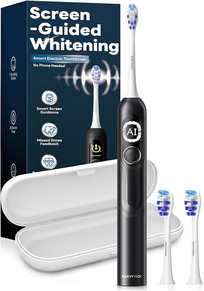 AI Sonic Electric Toothbrush for Adults with Brushing Score &amp Smart Timer Display 6-Zone Tracking Rechargeable Whitening Brush with Soft Heads (Midnight Black)