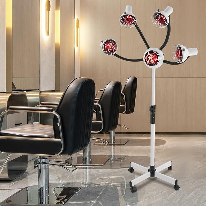 5 Head Infrared Heat Lamp Salon 750W Hair Color Processor Infrared Red Light with Rolling Wheels Adjusting Height Hair Salon Heat Lamps for Processing White
