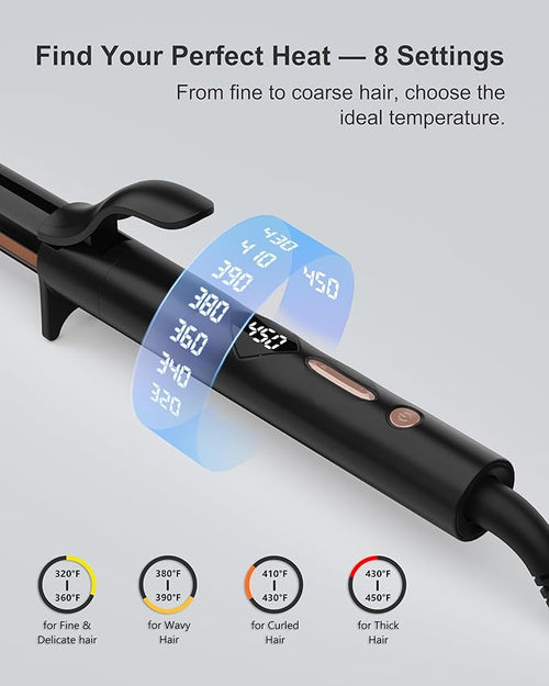 1 Inch Curling Iron Titanium Ceramic Hair Curler Fast Heating Curling Wand with 8 Heat Settings with LED Display for All Hair Types Dual Voltage 110-240V for Travel