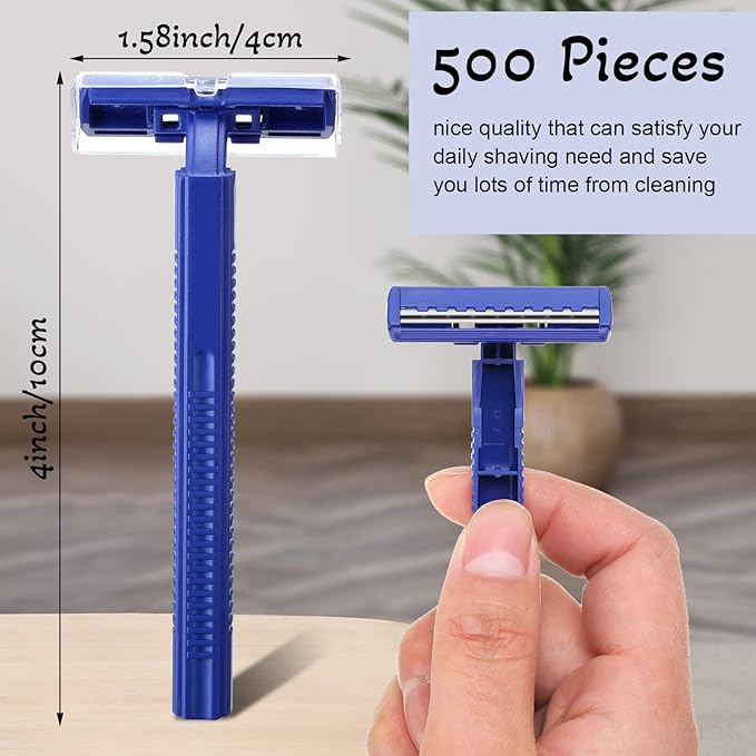 Chumia 500 Pcs Disposable Twin Blade Razor Shaving Safety Razor for Men Individually Wrapped with Clear Safety Cap Bulk Packed Portable for Hotel Guest House Travel Home Use(Blue)
