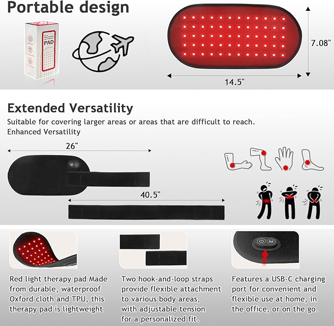 Cordless &amp Rechargeable Red Light Therapy Pad for Body Battery Powered 660nm &amp 850nm Light Therapy Belt with Heat Adjustable Straps for Back Waist Shoulder &amp Knee Portable Use Anywher
