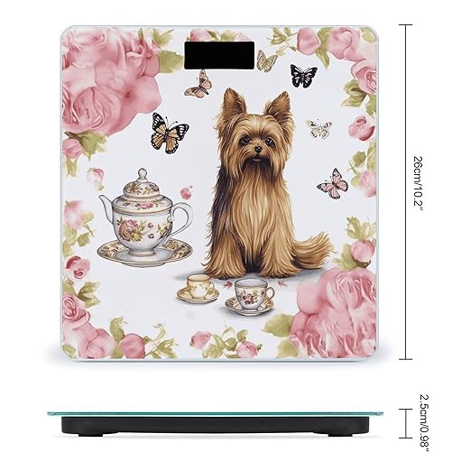 Yorkshire Terrier Tea Party Butterflies Roses Bathroom Scale Automatic Power On/Off Body Scales LCD Backlight Display Square Digital Scale Rounded Corners Bathroom Scales for Home Bedrooms