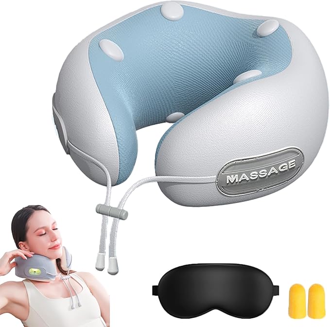 Neck Massager with Heat Rechargeable Heated Vibrating Massage Pillow Portable Neck Massager for Long Journeys on Planes and in Cars and for Office naps (Blue)