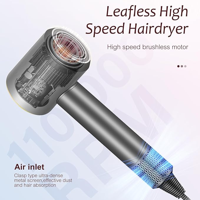 Brushless Powerful Hair Dryer 1600W 110000 RPM Fast Drying High Speed Blow Dryer with Negative Ion Technology Portable Lightweight with Diffuser and Nozzle for Home Salon Travel Grey