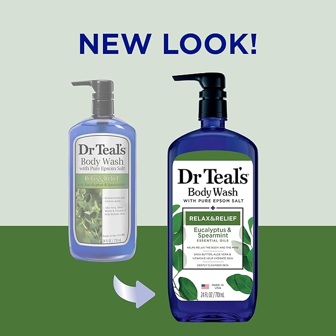 Dr Teal's Body Wash Bundle with Epsom Salt (24 fl oz Pack of 2) - Eucalyptus &amp Spearmint and Melatonin &amp Essential Oil Blend