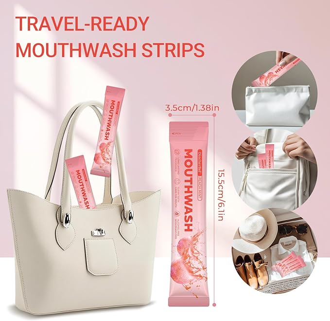 Travel-Size Alcohol &amp Fluoride Free Peach Mint Mouthwash Packets 60 Individually Wrapped Portable Packs for Adults Fresh Breath Peach Mint Flavored Mouthwash for Oral Hygiene 0.63 Fl Oz Each
