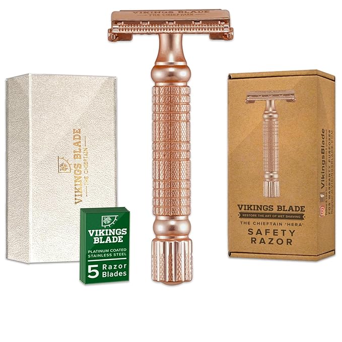 VIKINGS BLADE Double Edge Safety Razor + 5 Swedish Steel Blades + Luxury Case. Smooth Reusable Recyclable (Chieftain Hera)