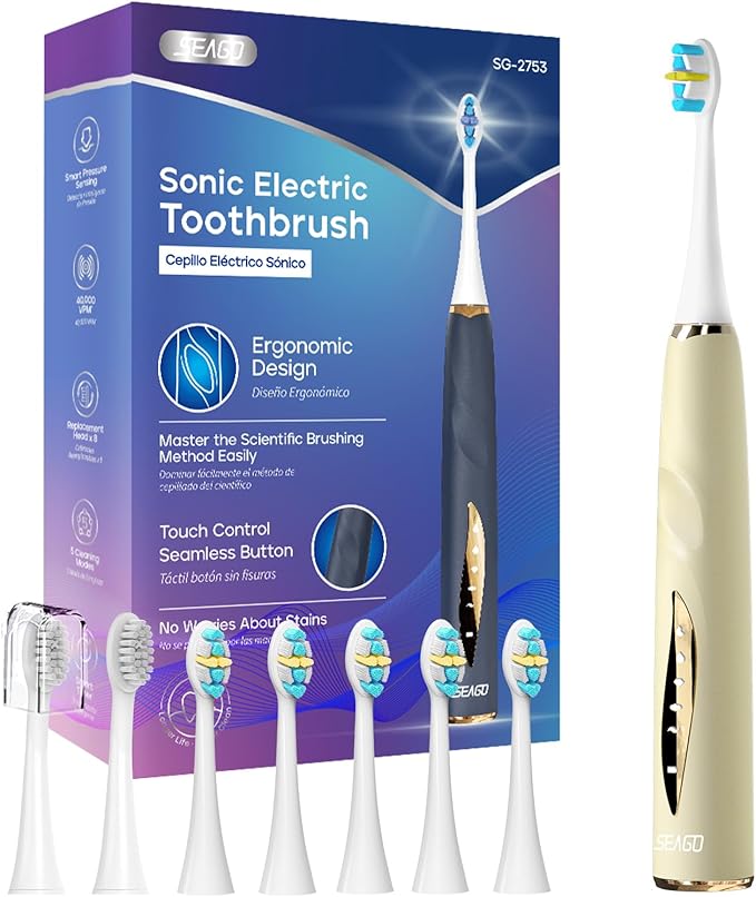 SEAGO Electric Toothbrushes for Adults Rechargeable Toothbrushes with 8 Brush Heads5 Modes Toothbrush with Pressure SensorSonic ToothbrushSG-2753(Beige)