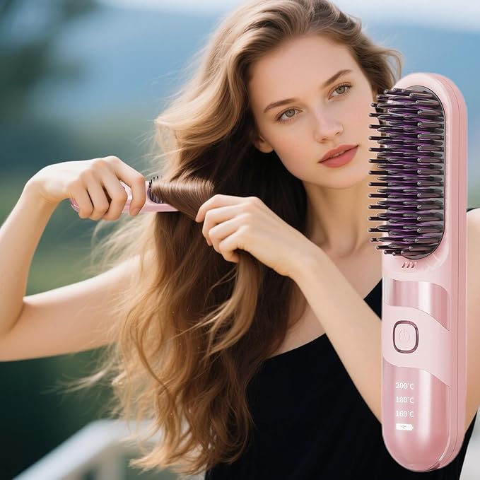Cordless Hair Straightener - PC 220V Hair Curler Brush | 30W Electric Straightening Brush for Women | Heat Safety 2-in-1 Curling Iron | Cordless Curler for Travel Salon Home Use