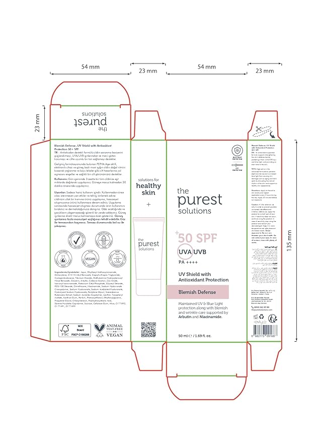 The Purest Solutions Blemish Defense (UV Shield with Antioxidant Protection SPF 50+) - 8h UVA Protection Arbutin &amp Niacinamide for Skin Tone Harmonization and Moisturizers - Vegan (50 ml)