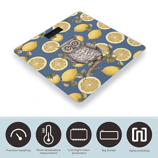 Lemon and Owl Scale for Body Weight Anti-Slip Tempered Glass Digital Bathroom Scales Clear LCD Display Weighing Scale Safe Rounded Corners Smart Scales