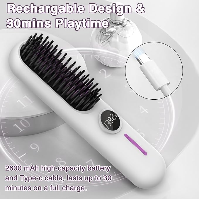 Cordless Hair Straightener Portable Travel Straightening Brush USB Rechargeable Mini Hot Ionic Straightener Comb for Women Fast Heating with 7 Temperature Adjustment (White)