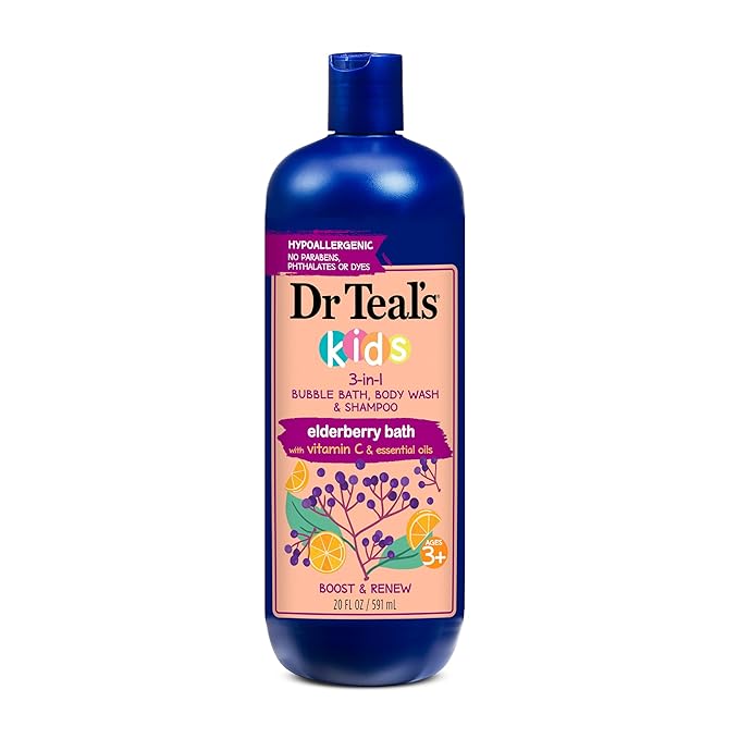 Dr Teal's Kids 3-in-1 Elderberry Bath: Bubble Bath Body Wash &amp Shampoo 20 fl oz. &amp Body Wash with Pure Epsom Salt Glow &amp Radiance with Vitamin C &amp Citrus Essential Oils