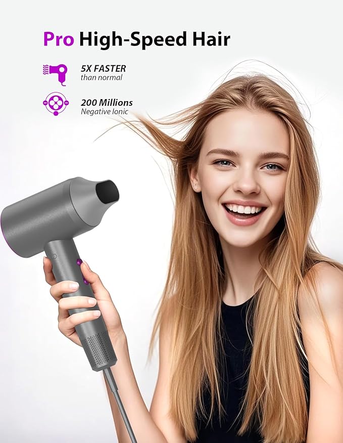 NUTROMO Hair Dryer 3 Min Fast Drying-110000 RPM Professional High Speed Blow Dryer 200 Millions Negative Ionic Care Hair Dryer Low Noise Thermo-Control Hairdryer Travel with Nozzle (Gray&ampPurple