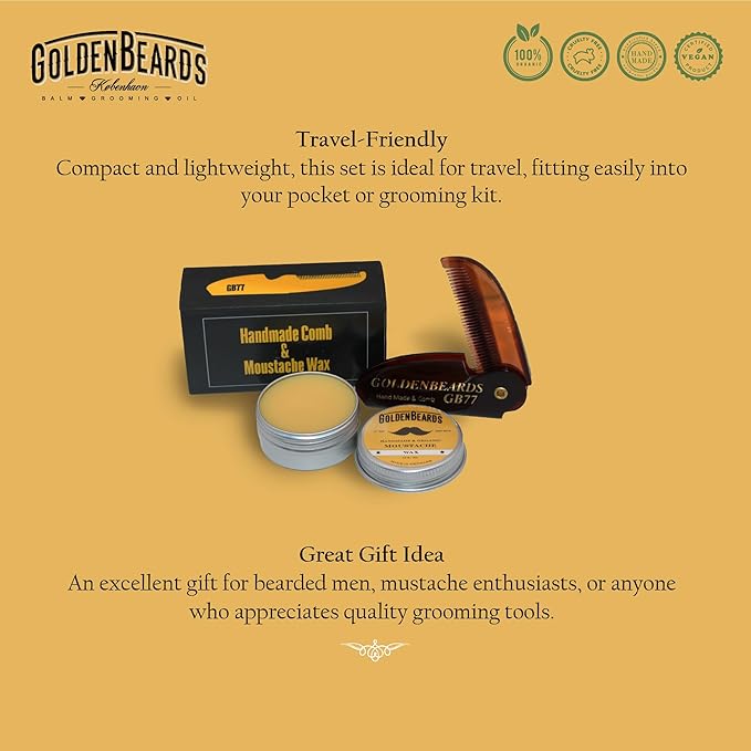 Golden Beards Mustache Wax with GB-77 Folding Comb – Organic &amp Natural Styling Wax for Men – Strong Hold Vegan Cruelty-Free Grooming Kit