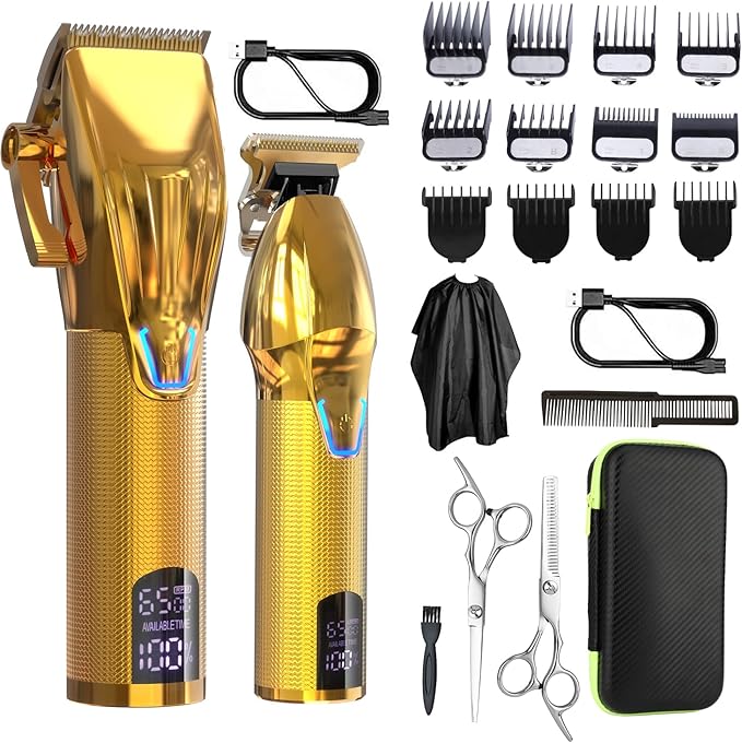 Cordless Hair Clippers for MenProfessional Hair Clippers Trimmer KitBarber Fading Clipper and Zero Gap T-Blade Trimmer Set with LED Display for Mens Gifts(Gold)