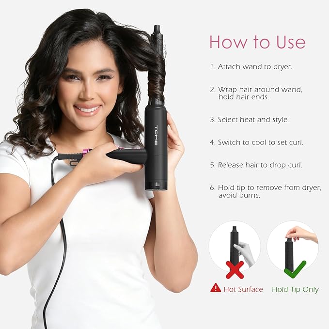TOME Hair Dryer 1875W High-Speed EC Motor 110000 RPM Ionic Blow Dryer Fast Drying Cool Shot Lock 3 Heat 2 Speed 4 Attachments (Styling Nozzle Diffuser 2 Air-Powered Wrap Wands) 125V Hot Pink
