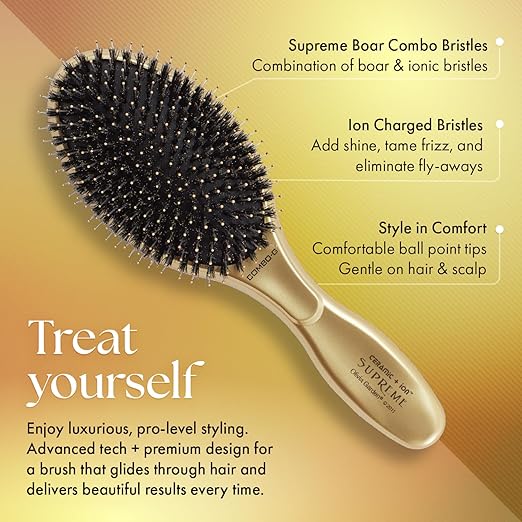 Olivia Garden Ceramic + Ion Supreme Styler Cushion Paddle Brush - Boar &amp Ionic for Shine Frizz Control &amp Smoother Hair